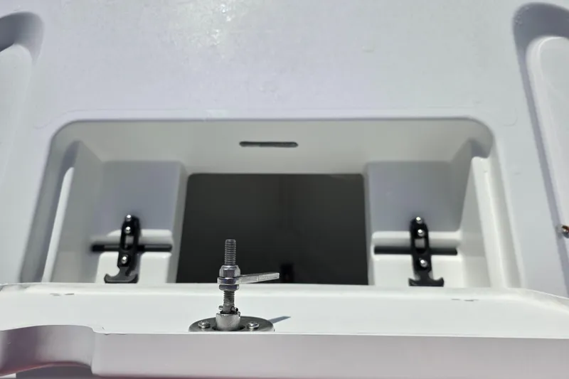 Slide: The Image of Hatch detail of 2026 Parker 210 Coastal boat, featuring secure latches and hardware. - 22