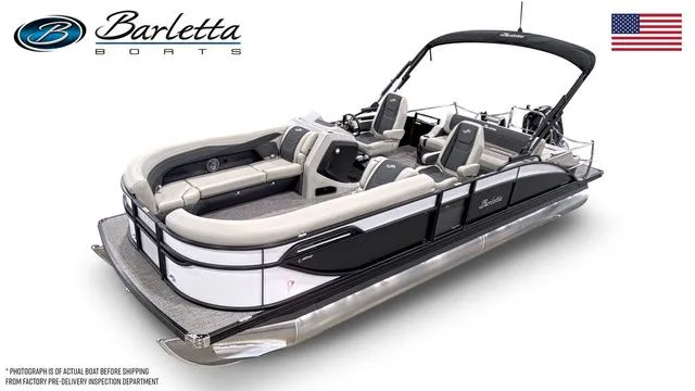 Slide: The Image of 2026 Barletta Cabrio 24UC pontoon boat with sleek design and comfortable seating. - 2