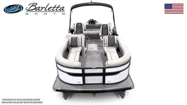 Slide: The Image of 2026 Barletta Cabrio 24UC pontoon boat, luxury seating, sleek design, American flag. - 5