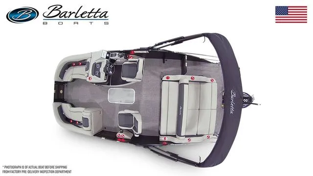 Slide: The Image of 2026 Barletta Boats Cabrio 22UC pontoon, top view, showcasing spacious seating and modern design. - 7