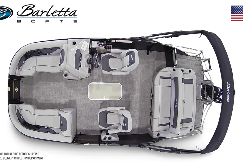 Slide: The Image of Showroom display of 2025 Barletta A22UC pontoon boats, featuring sleek design and modern amenities. - 10