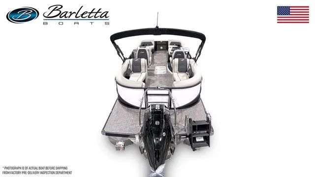 Slide: The Image of 2026 Barletta Boats Cabrio 24QC pontoon, top view, showcasing spacious seating and sleek design. - 6