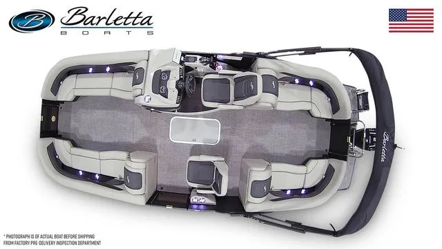 Slide: The Image of 2026 Barletta Boats Cabrio 24QC pontoon, top view, spacious seating, modern design. - 7