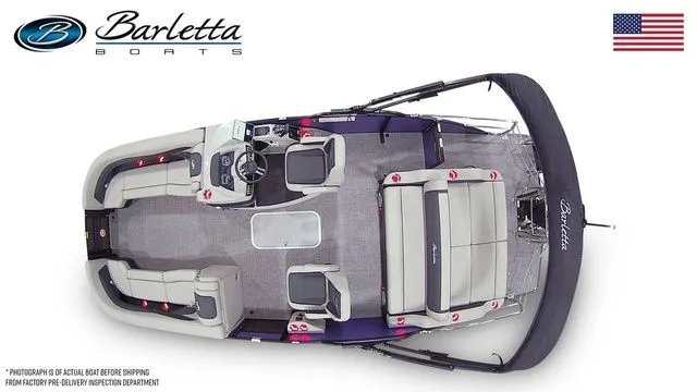 Slide: The Image of 2026 Barletta Cabrio 24UC boat, top view, spacious seating, elegant design, American flag. - 7