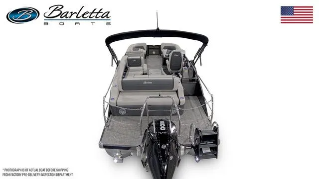 Slide: The Image of 2026 Barletta Cabrio 22U pontoon boat, sleek design, spacious seating, and modern features. - 6