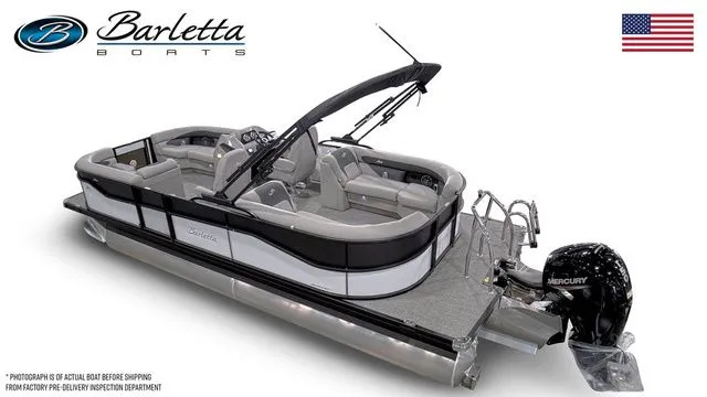 Slide: The Image of 2026 Barletta Aria 22QC pontoon boat with Mercury engine, sleek design, and spacious seating. - 3