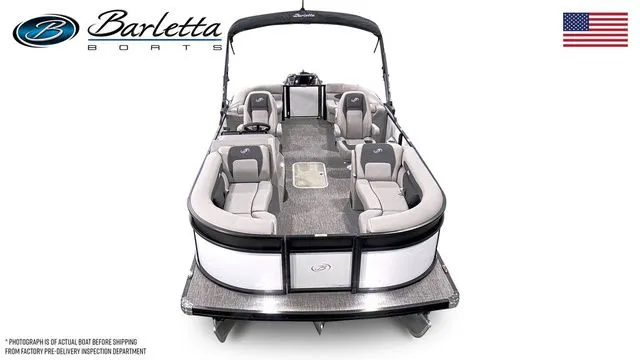 Slide: The Image of 2026 Barletta Aria 22QC pontoon boat, spacious seating, sleek design, American flag. - 5