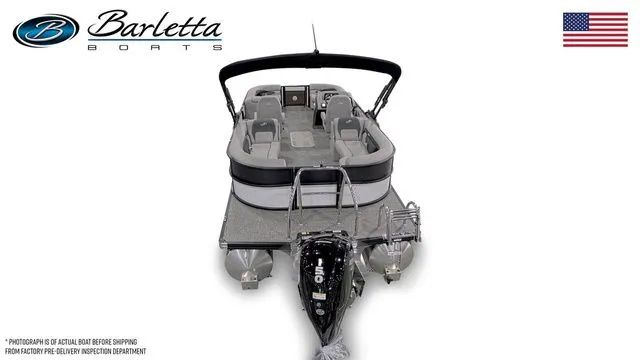 Slide: The Image of 2026 Barletta Aria 22QC pontoon boat with seating, motor, and canopy, viewed from the rear. - 6
