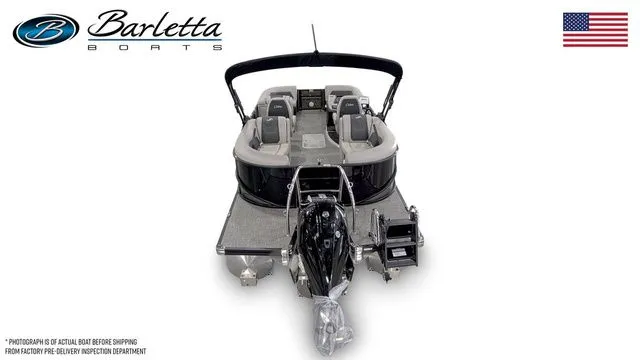 Slide: The Image of 2026 Barletta Boats Cabrio 22QC pontoon, rear view with seating and motor, USA flag. - 6
