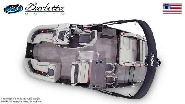 Slide: The Image of 2026 Barletta Boats C24UE pontoon boat, top view, showcasing spacious seating and modern design. - 6
