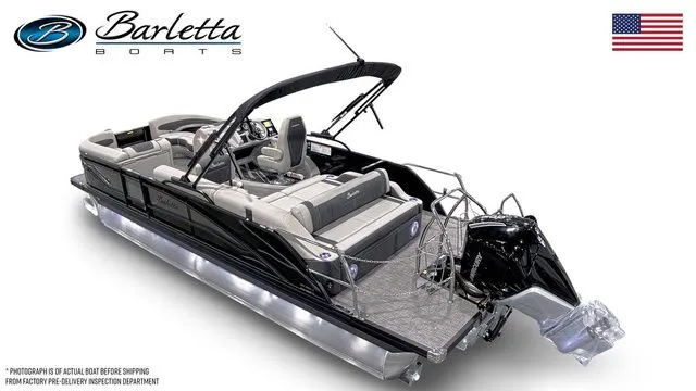 Slide: The Image of 2026 Barletta Boats 23U pontoon with sleek design and modern features, displayed with American flag. - 4