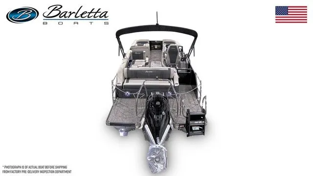 Slide: The Image of 2026 Barletta Boats 23U pontoon boat, sleek design, spacious seating, American flag, logo displayed. - 7