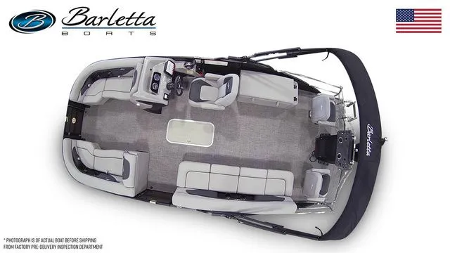 Slide: The Image of 2026 Barletta Aria 22CC pontoon boat, top view, spacious seating, elegant design, American flag. - 7