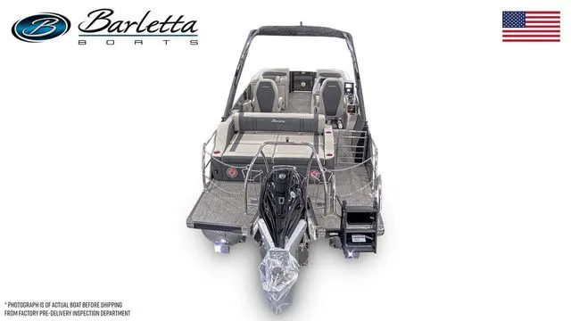 Slide: The Image of 2026 Barletta Corsa 23UCA boat, rear view, featuring sleek design and modern seating. - 6