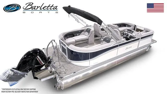 Slide: The Image of 2025 Barletta Aria A22QC pontoon boat with Mercury outboard motor and sleek design. - 3