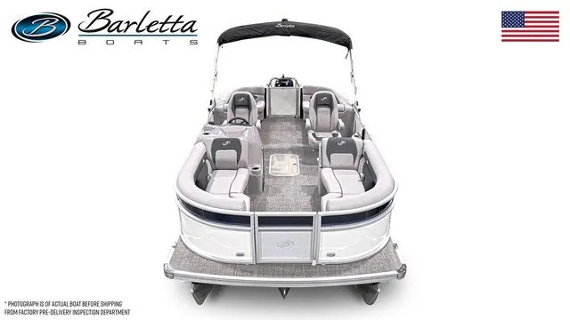 Slide: The Image of 2025 Barletta Aria A22QC pontoon boat, spacious seating, elegant design, American flag. - 5