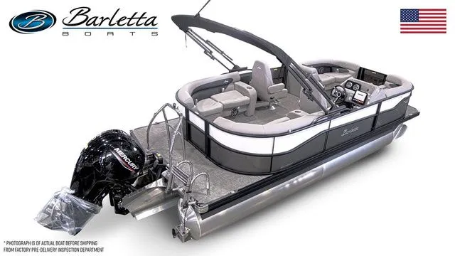 Slide: The Image of 2026 Barletta Aria 20QC pontoon boat with Mercury engine, sleek design, and modern features. - 4