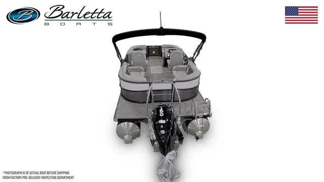 Slide: The Image of 2026 Barletta Aria 20QC pontoon boat, rear view, with motor and seating. - 6