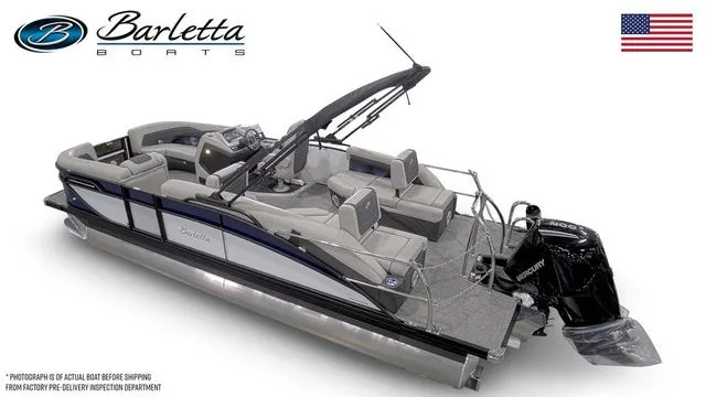 Slide: The Image of 2026 Barletta Boats Cabrio 22M pontoon with sleek design and powerful outboard motor. - 3