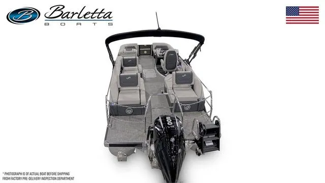 Slide: The Image of 2026 Barletta Boats Cabrio 22M pontoon with sleek design and powerful engine, featuring comfortable seating. - 6