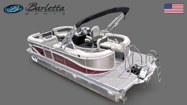 Slide: The Image of 2023 Barletta C20Q pontoon boat with sleek design and spacious seating, featuring a U.S. flag. - 3