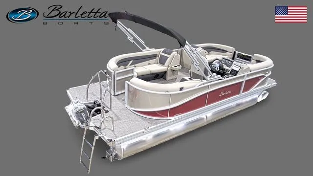 Slide: The Image of 2023 Barletta Boats C20Q pontoon with sleek design and comfortable seating, featuring a U.S. flag. - 4