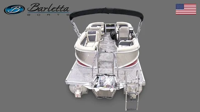 Slide: The Image of 2023 Barletta Boats C20Q pontoon with seating, ladder, and canopy, displayed on a gray background. - 6
