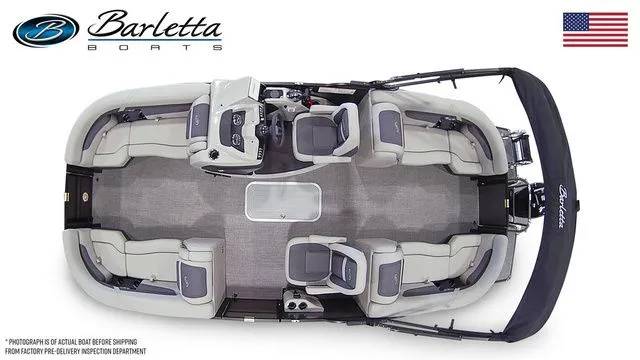 Slide: The Image of 2025 Barletta Boats C22QC pontoon, top view, showcasing spacious seating and modern design. - 7