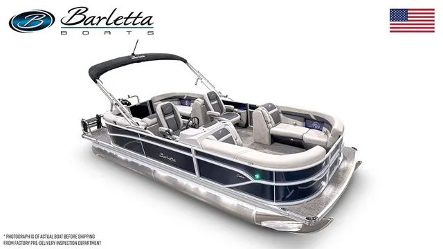 Slide: The Image of 2025 Barletta Boats C22QC pontoon with sleek design and comfortable seating, featuring a U.S. flag. - 1
