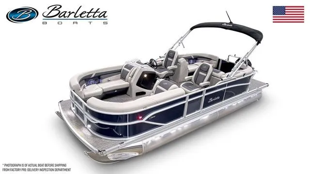 Slide: The Image of 2025 Barletta C22QC pontoon boat with sleek design and luxurious seating. - 2