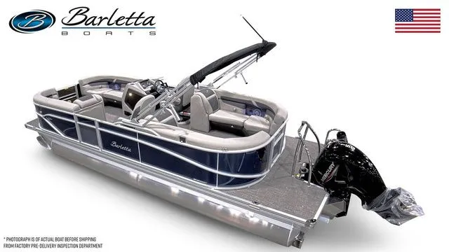 Slide: The Image of 2025 Barletta Boats C22QC pontoon with sleek design and modern features, displayed with American flag. - 3