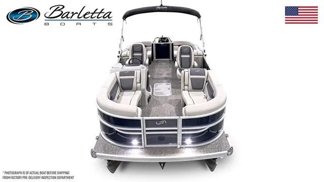Slide: The Image of 2025 Barletta Boats C22QC pontoon with elegant seating and modern design, front view. - 5