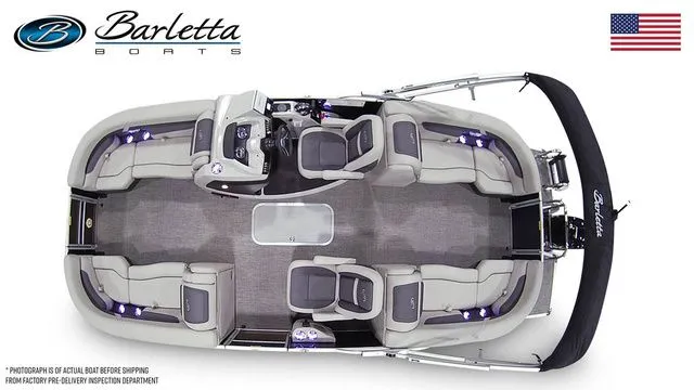 Slide: The Image of 2025 Barletta Boats C22QC pontoon, top view, luxurious seating, modern design, American flag. - 7