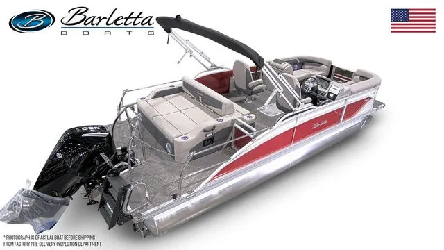 Slide: The Image of 2025 Barletta Cabrio C22UC pontoon boat with red accents and modern design. - 4
