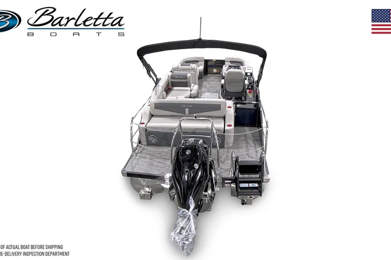 Slide: The Image of 2025 Barletta C22U pontoon boat, rear view, showcasing seating and motor. - 6