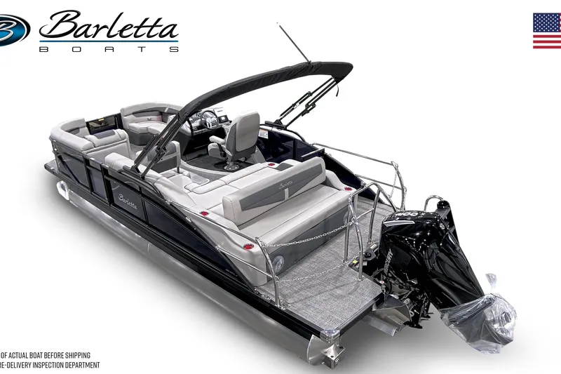 Slide: The Image of 2025 Barletta C22U pontoon boat with sleek design and modern seating arrangement. - 8