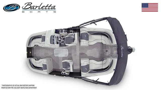 Slide: The Image of 2025 Barletta Corsa 23QCSS pontoon boat, top view, showcasing spacious seating and modern design. - 7