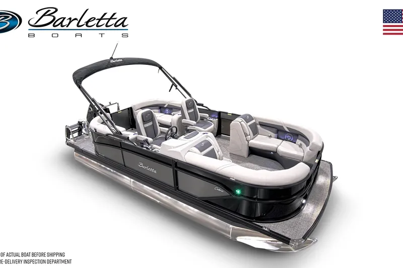 Slide: The Image of 2025 Barletta C20QC pontoon boat with sleek design and comfortable seating. - 4