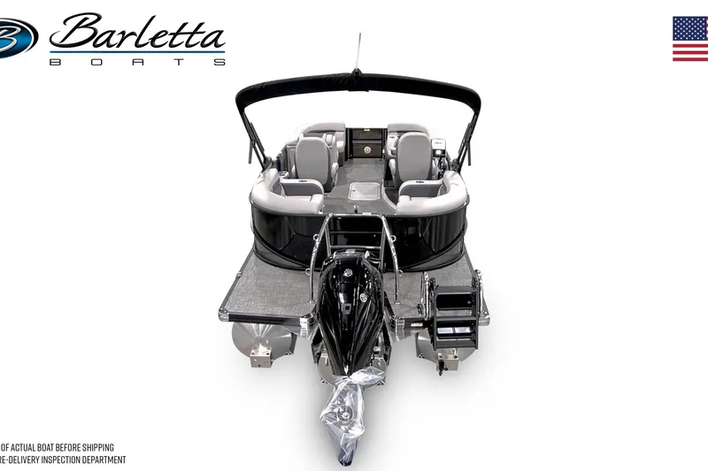 Slide: The Image of 2025 Barletta C20QC pontoon boat, rear view, showcasing seating and motor. - 6