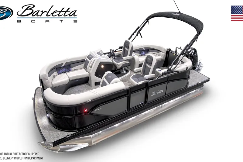 Slide: The Image of 2025 Barletta C20QC pontoon boat with luxurious seating and sleek design. - 8