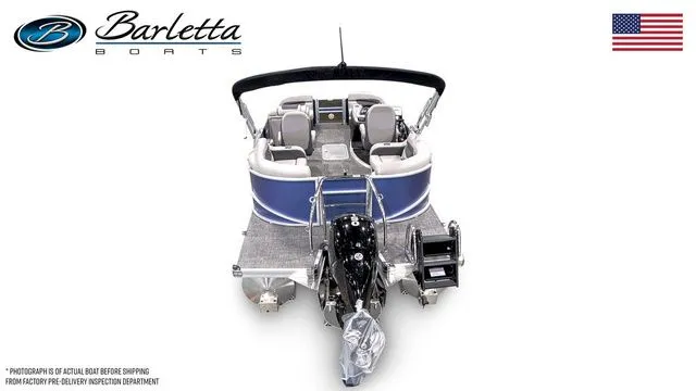 Slide: The Image of 2025 Barletta Boats C20QC pontoon, rear view, with motor and seating, American flag. - 6