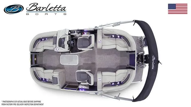 Slide: The Image of 2025 Barletta Boats C20QC pontoon, top view, showcasing spacious seating and modern design. - 7