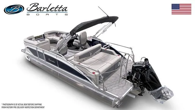 Slide: The Image of 2025 Barletta Cabrio C22UC pontoon boat with sleek design and powerful outboard motor. - 3
