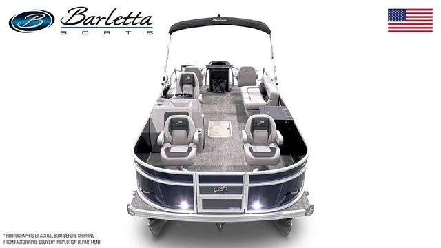 Slide: The Image of 2025 Barletta Aria 22F pontoon boat, spacious seating, sleek design, front view. - 5