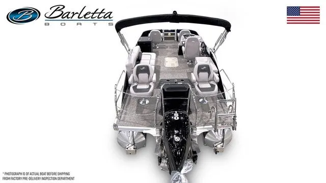Slide: The Image of 2025 Barletta Aria 22F pontoon boat, spacious seating, sleek design, American flag, top view. - 6