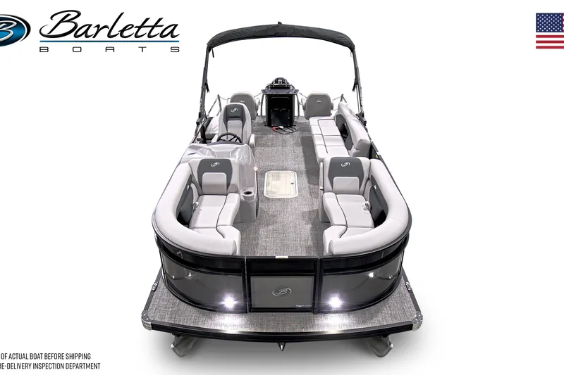 Slide: The Image of 2025 Barletta A22CC pontoon boat with spacious seating and sleek design. - 2