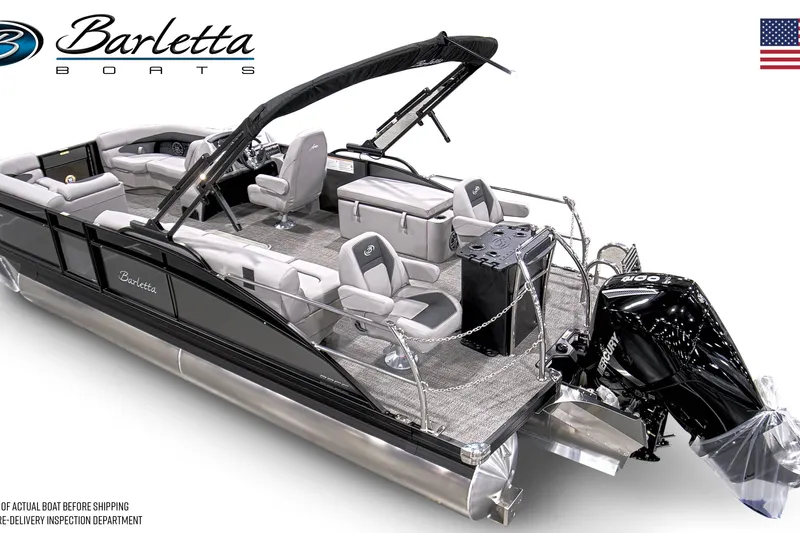 Slide: The Image of 2025 Barletta A22CC pontoon boat with luxurious seating and powerful outboard motor. - 4