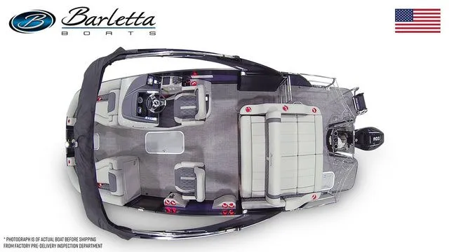 Slide: The Image of 2025 Barletta Boats L23UCA pontoon, top view, showcasing spacious seating and modern design. - 7