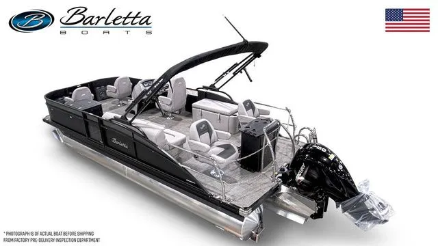 Slide: The Image of 2025 Barletta A22F pontoon boat with sleek design and modern seating arrangement. - 3