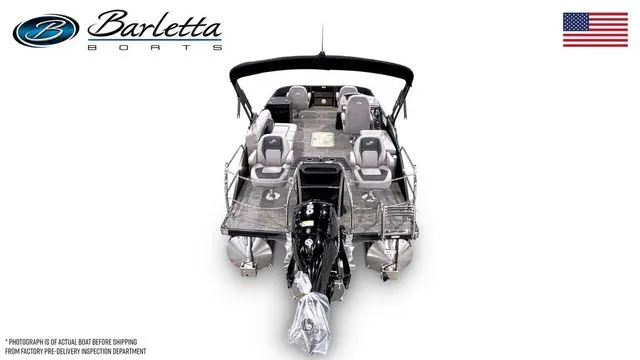 Slide: The Image of 2025 Barletta A22F boat with seating, motor, and canopy, viewed from the rear. - 6